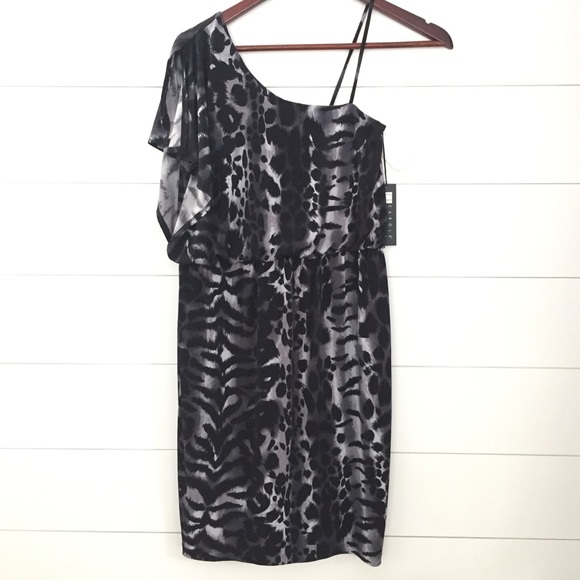 NWT Black & Grey Animal Print One Shoulder Dress - Picture 8 of 8